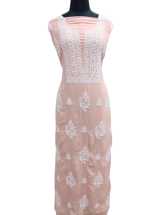 Shyamal Chikan Hand Embroidered Peach Modal Cotton Lucknowi Chikankari Unstitched Kurta Piece - S25312