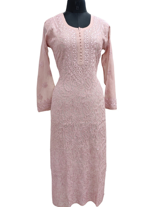 Shyamal Chikan Hand Embroidered Peach Mul Chanderi Lucknowi Chikankari Kurti - S24708
