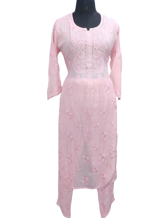 Shyamal Chikan Hand Embroidered Peach Muslin Lucknowi Chikankari Kurta and Bottom Set - S25518