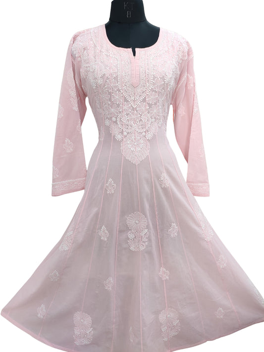 Shyamal Chikan Hand Embroidered Peach Pure Cotton Lucknowi Chikankari Anarkali - S25549