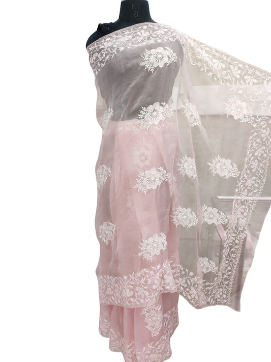 Shyamal Chikan Hand Embroidered Peach Pure Organza Lucknowi Chikankari Saree With Blouse Piece - S25013