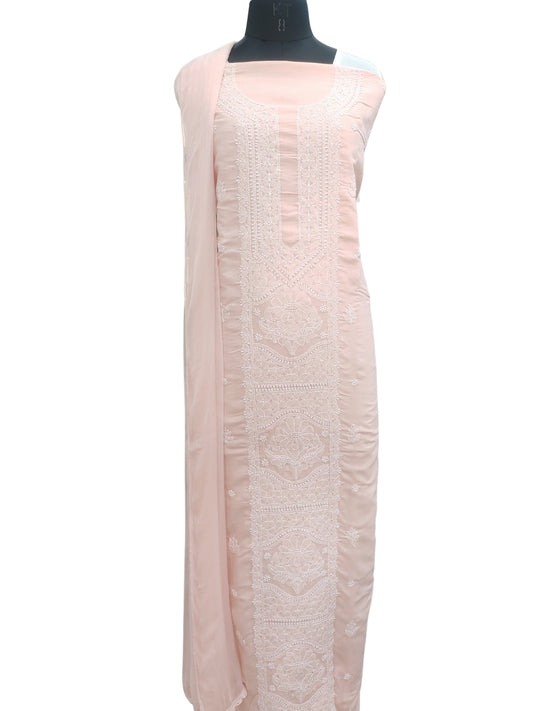 Shyamal Chikan Hand Embroidered Peach White Cotton Lucknowi Chikankari Unstitched Suit Piece With Cotton Dupatta & Jaali Work - S26707