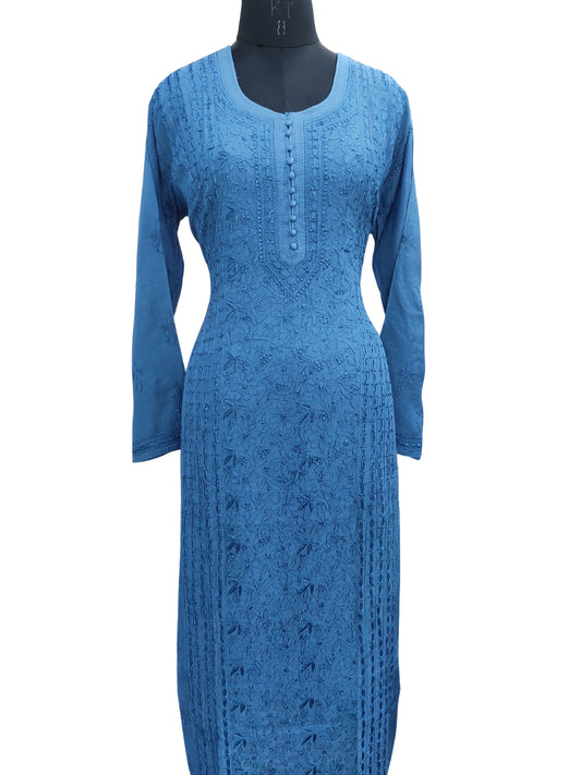 Shyamal Chikan Hand Embroidered Peacock Blue Muslin Lucknowi Chikankari Kurti - S24230