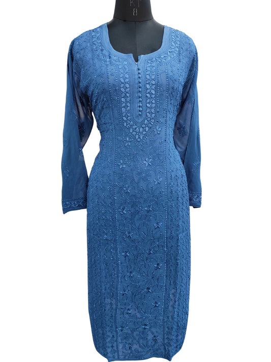 Shyamal Chikan Hand Embroidered Peacock Blue Viscose Georgette Lucknowi Chikankari Kurti - S24697