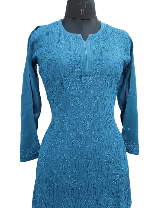 Shyamal Chikan Hand Embroidered Peacock Blue Viscose Georgette Lucknowi Chikankari Short Top - S26110