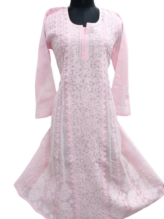 Shyamal Chikan Hand Embroidered Pink Cotton Lucknowi Chikankari Anarkali With Daraz Work - S26550