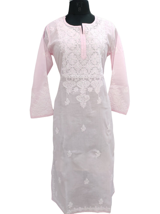 Shyamal Chikan Hand Embroidered Pink Cotton Lucknowi Chikankari Kurti - S26536