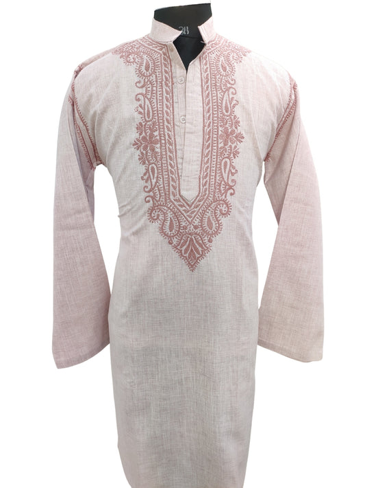 Shyamal Chikan Hand Embroidered Pink Cotton Lucknowi Chikankari Men's Kurta- S25887