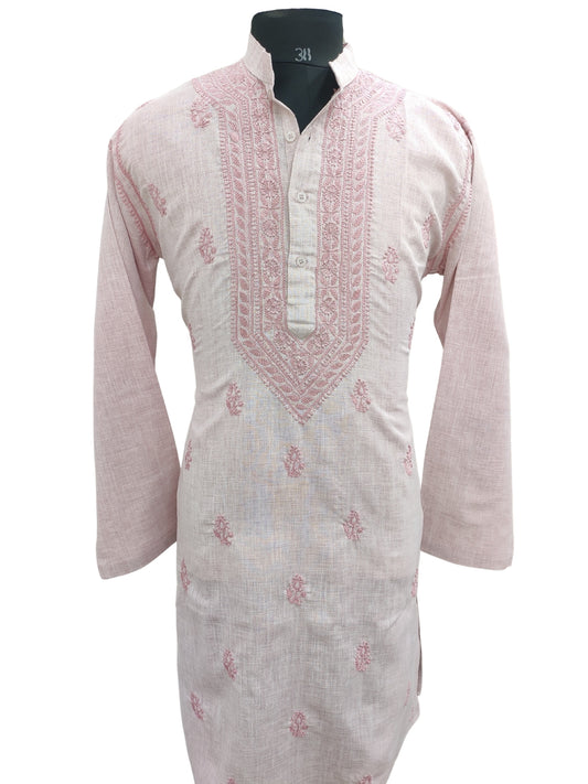 Shyamal Chikan Hand Embroidered Pink Cotton Lucknowi Chikankari Men's Kurta – S25617