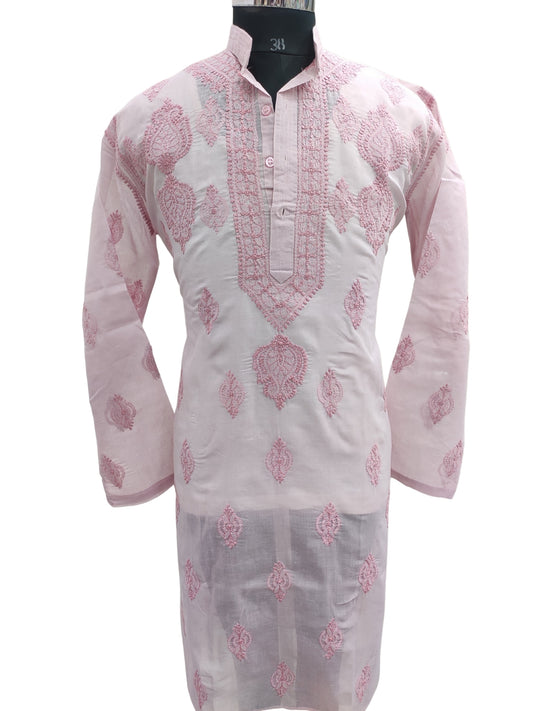 Shyamal Chikan Hand Embroidered Pink Cotton Lucknowi Chikankari Men's Kurta– S25642