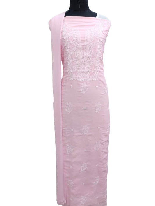 Shyamal Chikan Hand Embroidered Pink Cotton Lucknowi Chikankari Unstitched Suit Piece - S25272