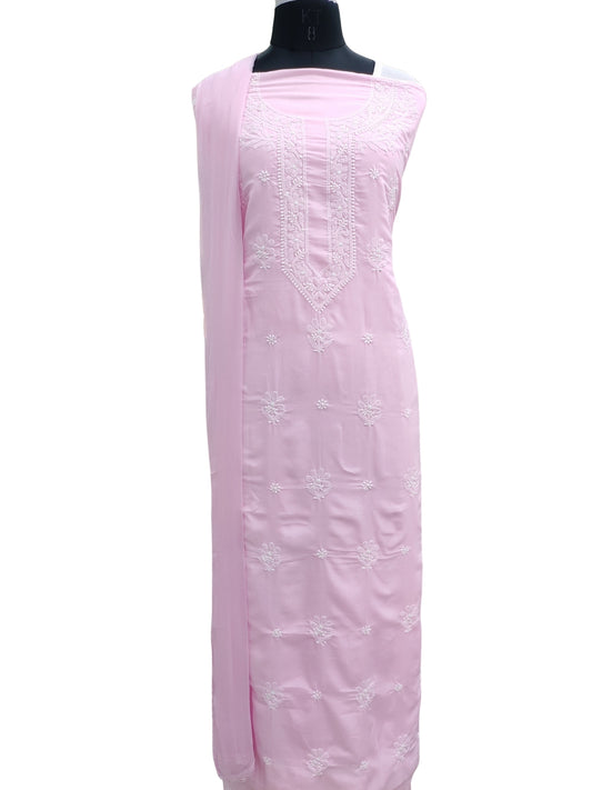 Shyamal Chikan Hand Embroidered Pink Cotton Lucknowi Chikankari Unstitched Suit Piece - S25283