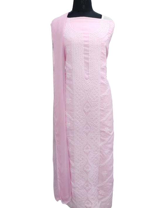 Shyamal Chikan Hand Embroidered Pink Cotton Lucknowi Chikankari Unstitched Suit Piece - S26257