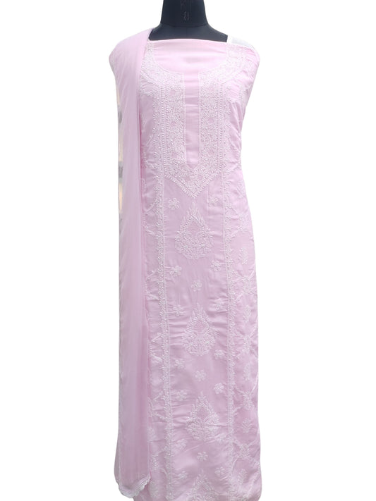 Shyamal Chikan Hand Embroidered Pink Cotton Lucknowi Chikankari Unstitched Suit Piece - S26712