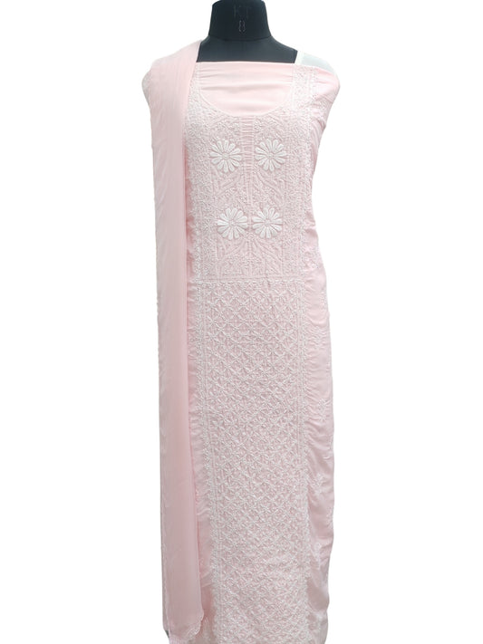 Shyamal Chikan Hand Embroidered Pink Cotton Lucknowi Chikankari Unstitched Suit Piece With Jaali Work- S26720