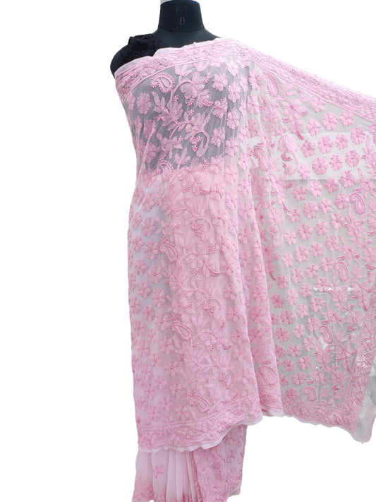 Shyamal Chikan Hand Embroidered Pink Georgette Lucknowi Chikankari Shoulder Jaal Saree With Blouse Piece - S26275