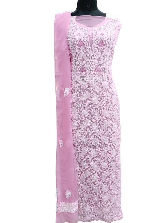 Shyamal Chikan Hand Embroidered Pink Georgette Lucknowi Chikankari Unstitched Suit Piece - S25696