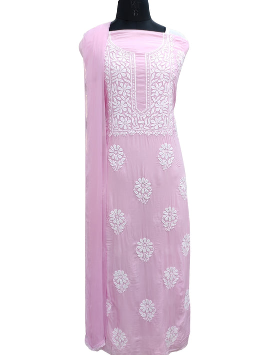Shyamal Chikan Hand Embroidered Pink Modal Lucknowi Chikankari Unstitched Suit Piece - S25252