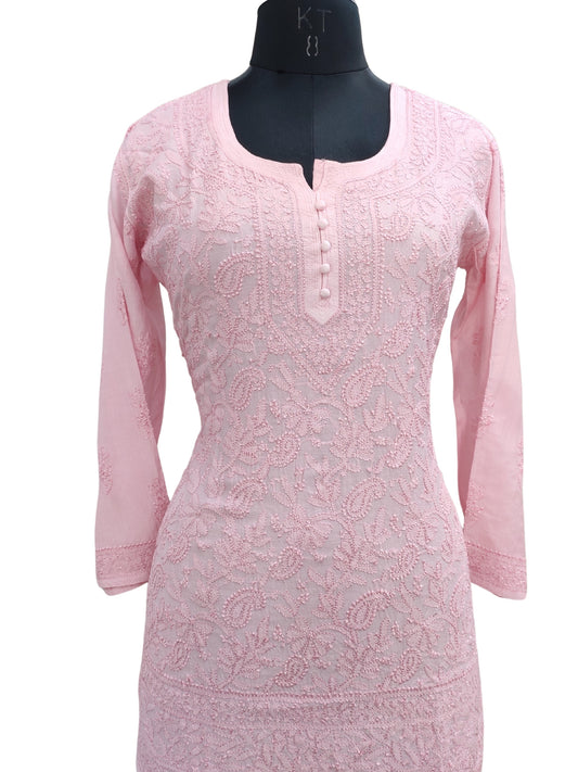 Shyamal Chikan Hand Embroidered Pink Muslin Lucknowi Chikankari Short Top - S26010