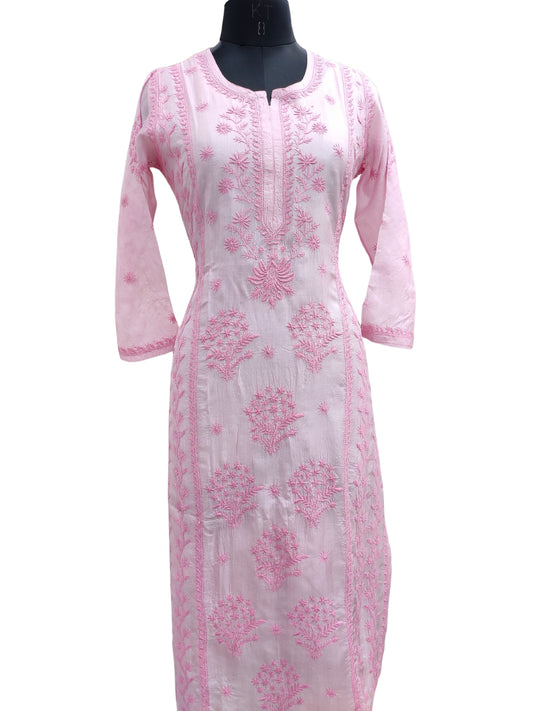 Shyamal Chikan Hand Embroidered Pink Pure Tusser Silk Lucknowi Chikankari Kurti- S26684