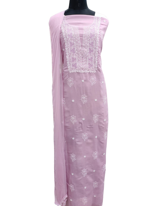 Shyamal Chikan Hand Embroidered Plum Cotton Lucknowi Chikankari Unstitched Suit Piece - S26696