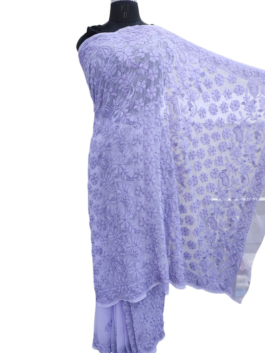 Shyamal Chikan Hand Embroidered Purple Georgette Lucknowi Chikankari Shoulder Jaal Saree With Blouse Piece - S26074