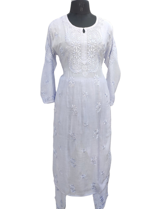 Shyamal Chikan Hand Embroidered Purple Muslin Lucknowi Chikankari Kurta and Bottom Set - S25517