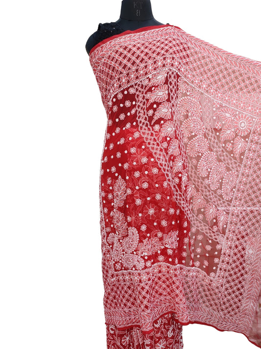 Shyamal Chikan Hand Embroidered Red Georgette Lucknowi Chikankari Full Jaal Saree With Blouse Piece - S26383