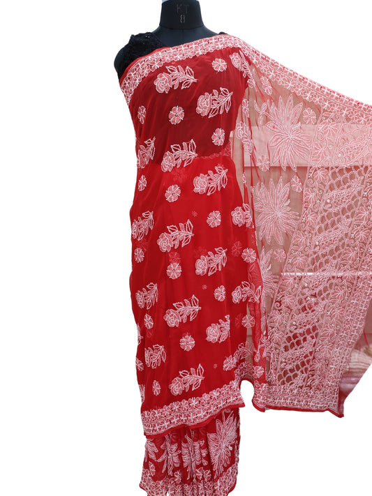 Shyamal Chikan Hand Embroidered Red Georgette Lucknowi Chikankari Skirt Saree With Blouse Piece - S26069