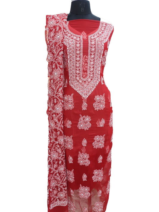 Shyamal Chikan Hand Embroidered Red Georgette Lucknowi Chikankari Unstitched Suit Piece With Heavy Dupatta - S25446