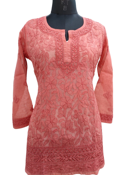 Shyamal Chikan Hand Embroidered Red Kota Doria Lucknowi Chikankari Short Top - S25614