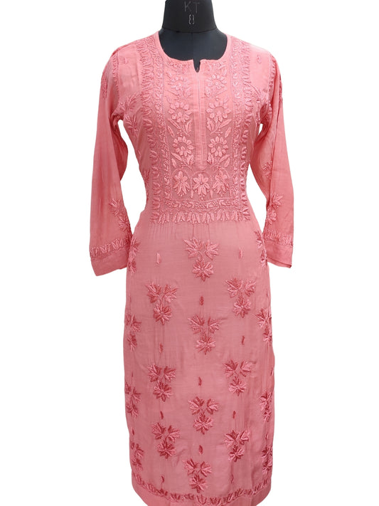 Shyamal Chikan Hand Embroidered Red Muslin Lucknowi Chikankari Kurti - S25731