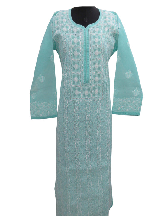 Shyamal Chikan Hand Embroidered Sea Green Cotton Lucknowi Chikankari Kurti- S8026