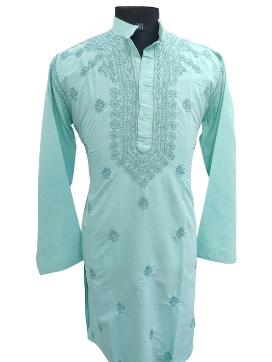 Shyamal Chikan Hand Embroidered Sea Green Cotton Lucknowi Chikankari Men's Kurta – S25598