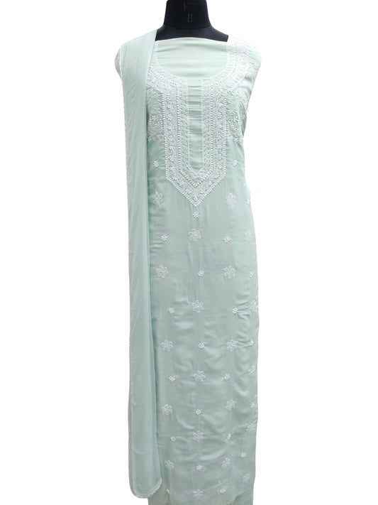 Shyamal Chikan Hand Embroidered Sea Green Cotton Lucknowi Chikankari Unstitched Suit Piece With Jaali Work - S25279