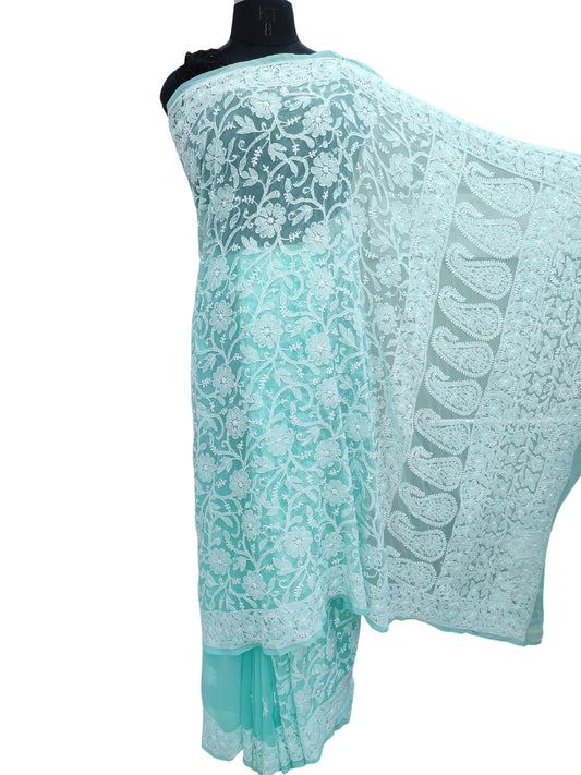 Shyamal Chikan Hand Embroidered Sea Green Georgette Lucknowi Chikankari Shoulder Jaal Saree With Blouse Piece - S26050
