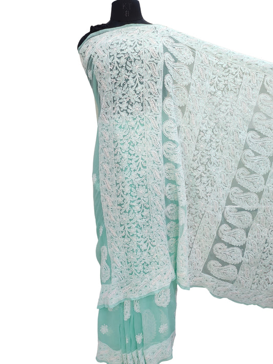 Shyamal Chikan Hand Embroidered Sea Green Georgette Lucknowi Chikankari Skirt Saree With Blouse Piece - S26048