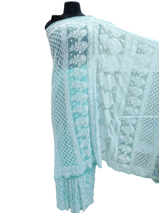 Shyamal Chikan Hand Embroidered Sea Green Georgette Lucknowi Chikankari Skirt Saree With Blouse Piece - S26476