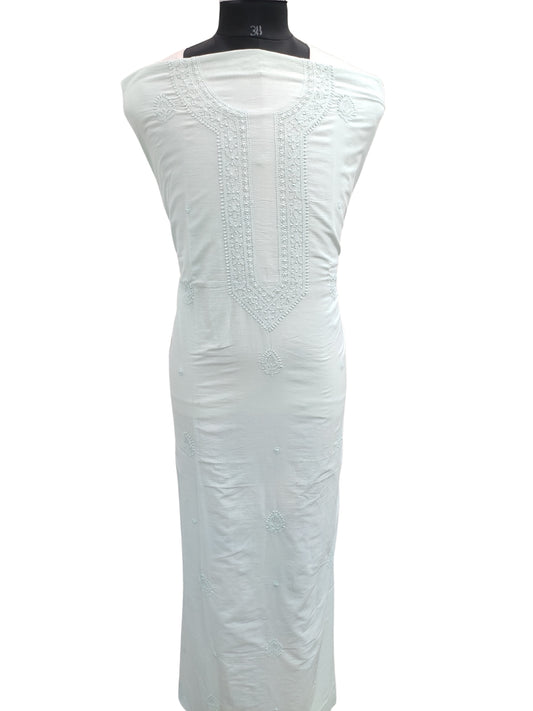 Shyamal Chikan Hand Embroidered Sea Green Malmal Cotton Lucknowi Chikankari Unstitched Men's Kurta Piece With Jaali Work – S25140