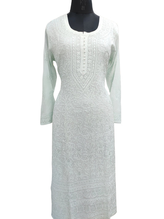 Shyamal Chikan Hand Embroidered Sea Green Muslin Lucknowi Chikankari Kurti - S24873