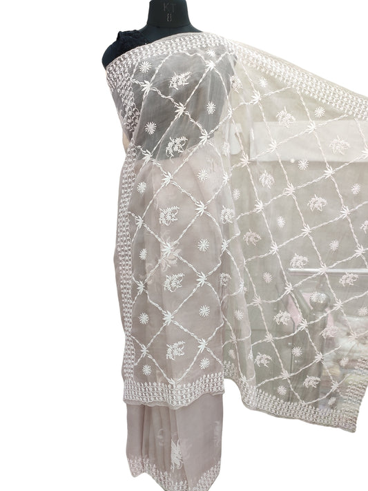 Shyamal Chikan Hand Embroidered Tusser Beige Pure Organza Lucknowi Chikankari Saree With Blouse Piece - S24903
