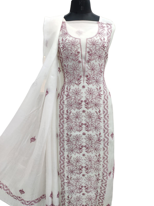 Shyamal Chikan Hand Embroidered White American Cotton Lucknowi Chikankari Unstitched Suit Piece (Kurta Dupatta Set) - S26199