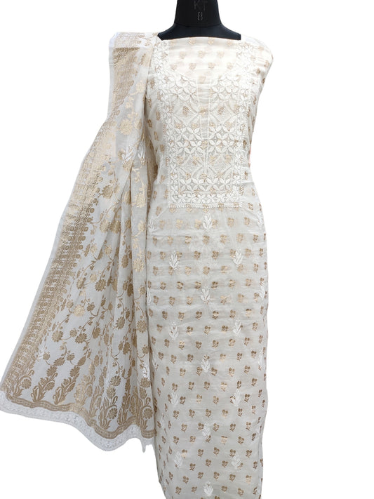 Shyamal Chikan Hand Embroidered White Chanderi Lucknowi Chikankari Unstitched Suit Piece ( Kurta Dupatta Set ) S6347