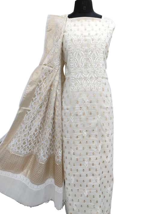 Shyamal Chikan Hand Embroidered White Chanderi Lucknowi Chikankari Unstitched Suit Piece ( Kurta Dupatta Set ) S6348