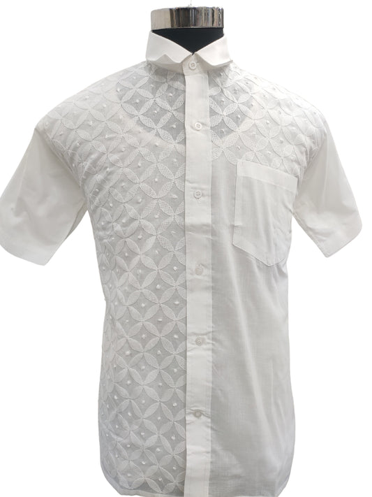 Shyamal Chikan Hand Embroidered White Cotton Lucknowi Chikankari Half Jaal Men's Shirt – S26796