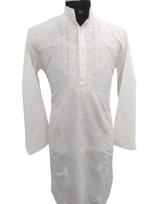 Shyamal Chikan Hand Embroidered White Cotton Lucknowi Chikankari Men's Kurta- S25625