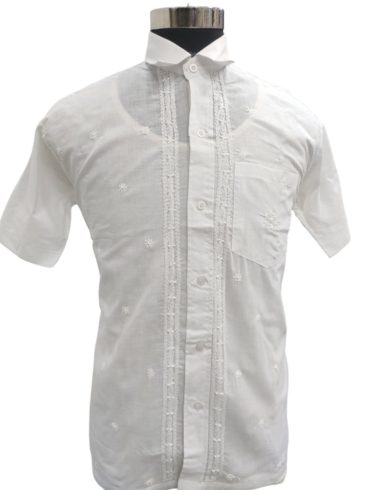 Shyamal Chikan Hand Embroidered White Cotton Lucknowi Chikankari Men's Shirt – S26798