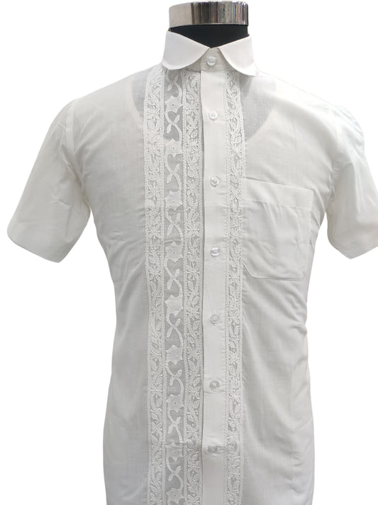 Shyamal Chikan Hand Embroidered White Cotton Lucknowi Chikankari Men's Shirt With Daraz Work – S26831