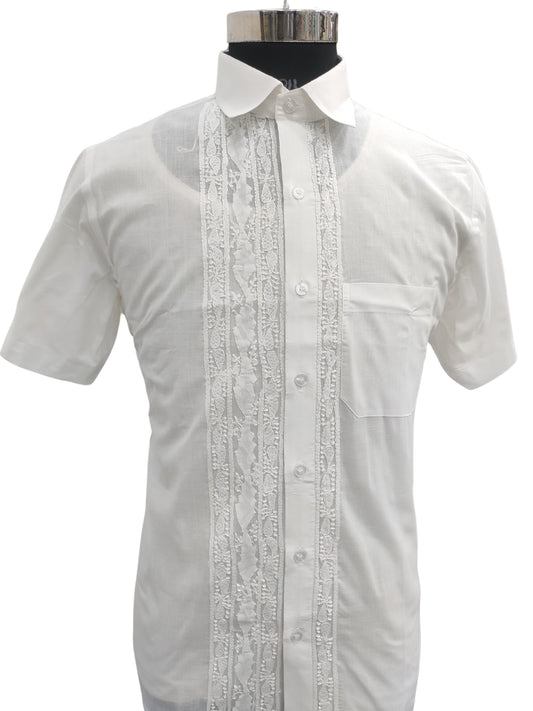 Shyamal Chikan Hand Embroidered White Cotton Lucknowi Chikankari Men's Shirt With Daraz Work – S26843
