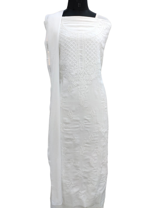 Shyamal Chikan Hand Embroidered White Cotton Lucknowi Chikankari Unstitched Suit Piece - S25411
